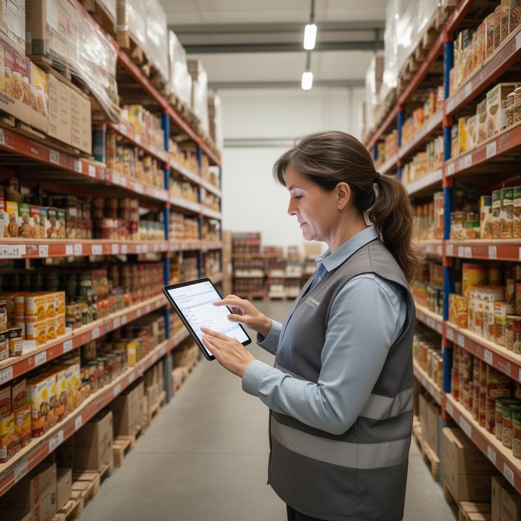 Operario revisando inventario en un almacén gestionado con SAP Business One