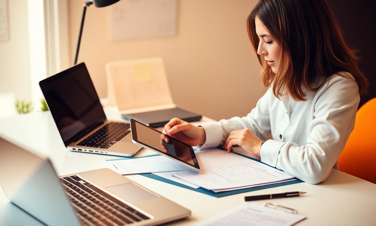 Profesional de administración revisando facturas en una tableta junto a documentos y un portátil